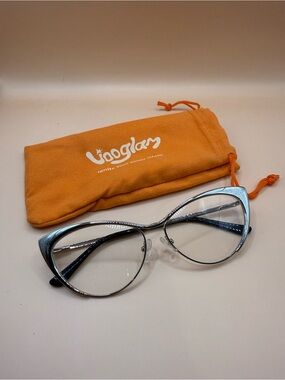 Vooglam Women's Silver Cat-Eye Eyeglasses with Orange Pouch, no prescription